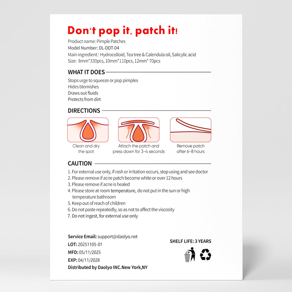 Daolyo Pimple Patches for Face, 4 Size 300 Counts Acne Patches, Hydrocolloid Patches for Covering Zits and Blemishes, Spot Stickers with Salicylic Acid, Tea Tree Oil & Calendula Oil