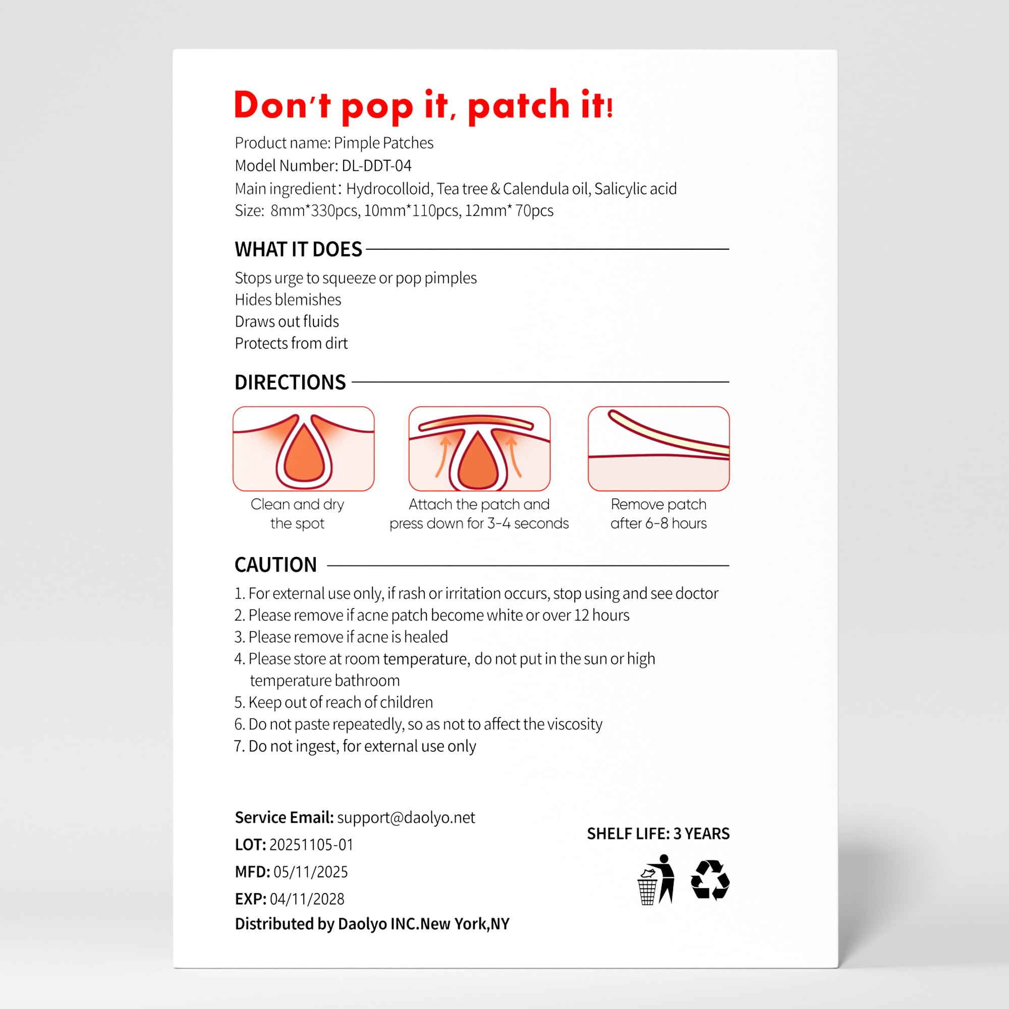 Daolyo Pimple Patches for Face, 4 Size 300 Counts Acne Patches, Hydrocolloid Patches for Covering Zits and Blemishes, Spot Stickers with Salicylic Acid, Tea Tree Oil & Calendula Oil