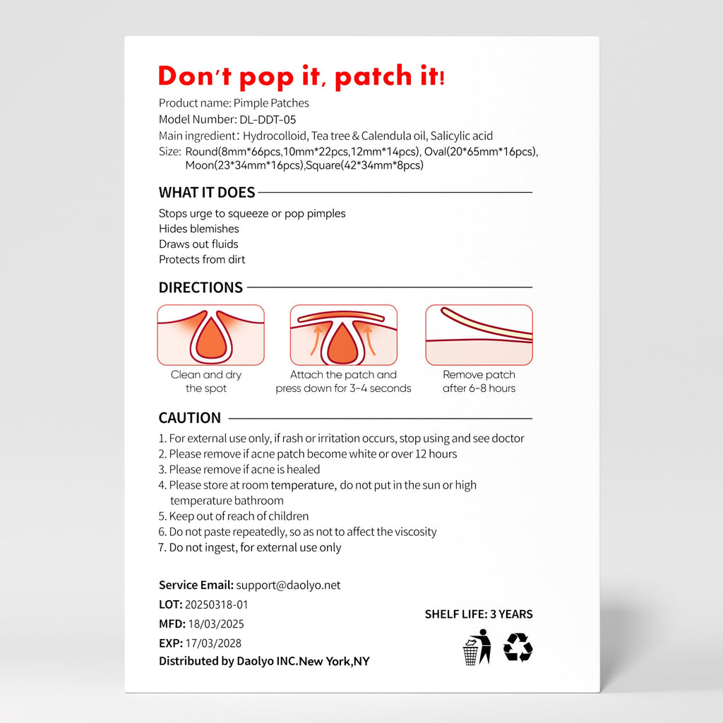 Daolyo Pimple Patches for Face, 4 Size 300 Counts Acne Patches, Hydrocolloid Patches for Covering Zits and Blemishes, Spot Stickers with Salicylic Acid, Tea Tree Oil & Calendula Oil