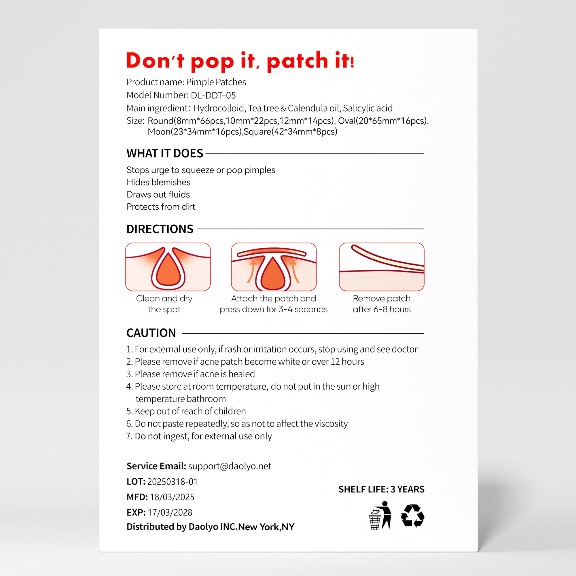 Daolyo Pimple Patches for Face, 4 Size 300 Counts Acne Patches, Hydrocolloid Patches for Covering Zits and Blemishes, Spot Stickers with Salicylic Acid, Tea Tree Oil & Calendula Oil